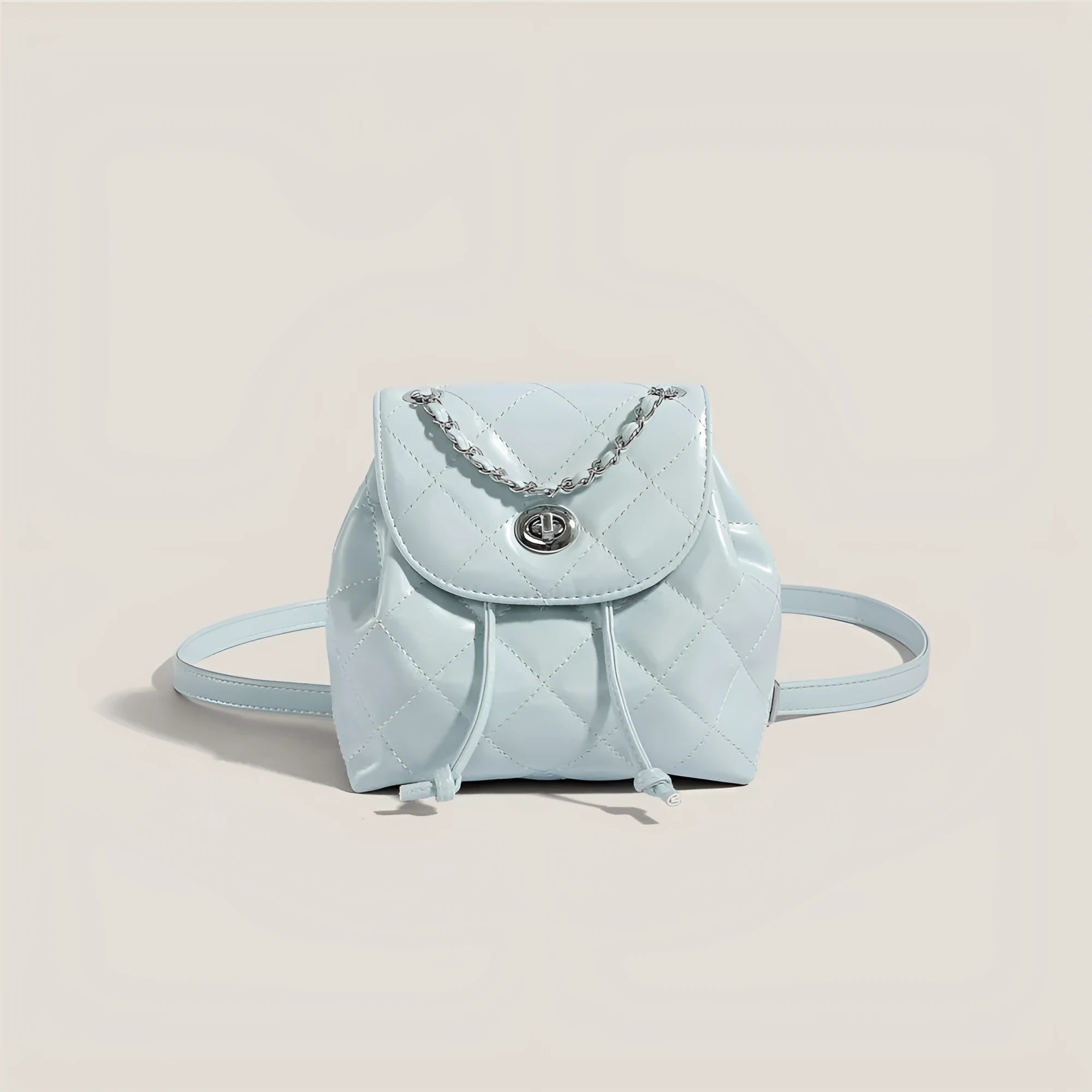 Women's rhombus plaid pattern backpack in PU material, shown in multiple colours.