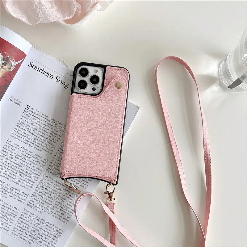 Creative flip crossbody phone case for iPhone 16 in black imitation leather with mirror card holder and lanyard