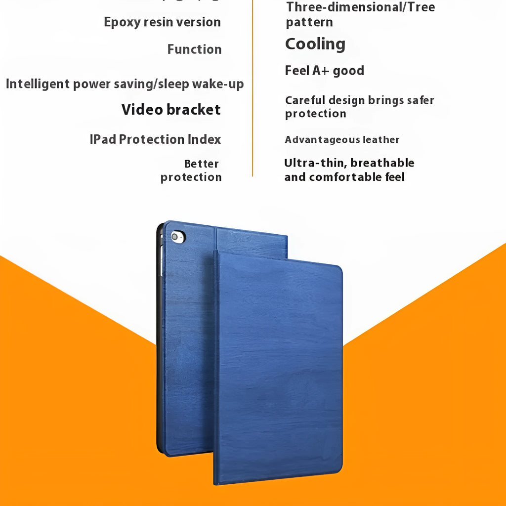 Sapphire blue imitation leather iPad protective cover with integrated sleep bracket standing upright.