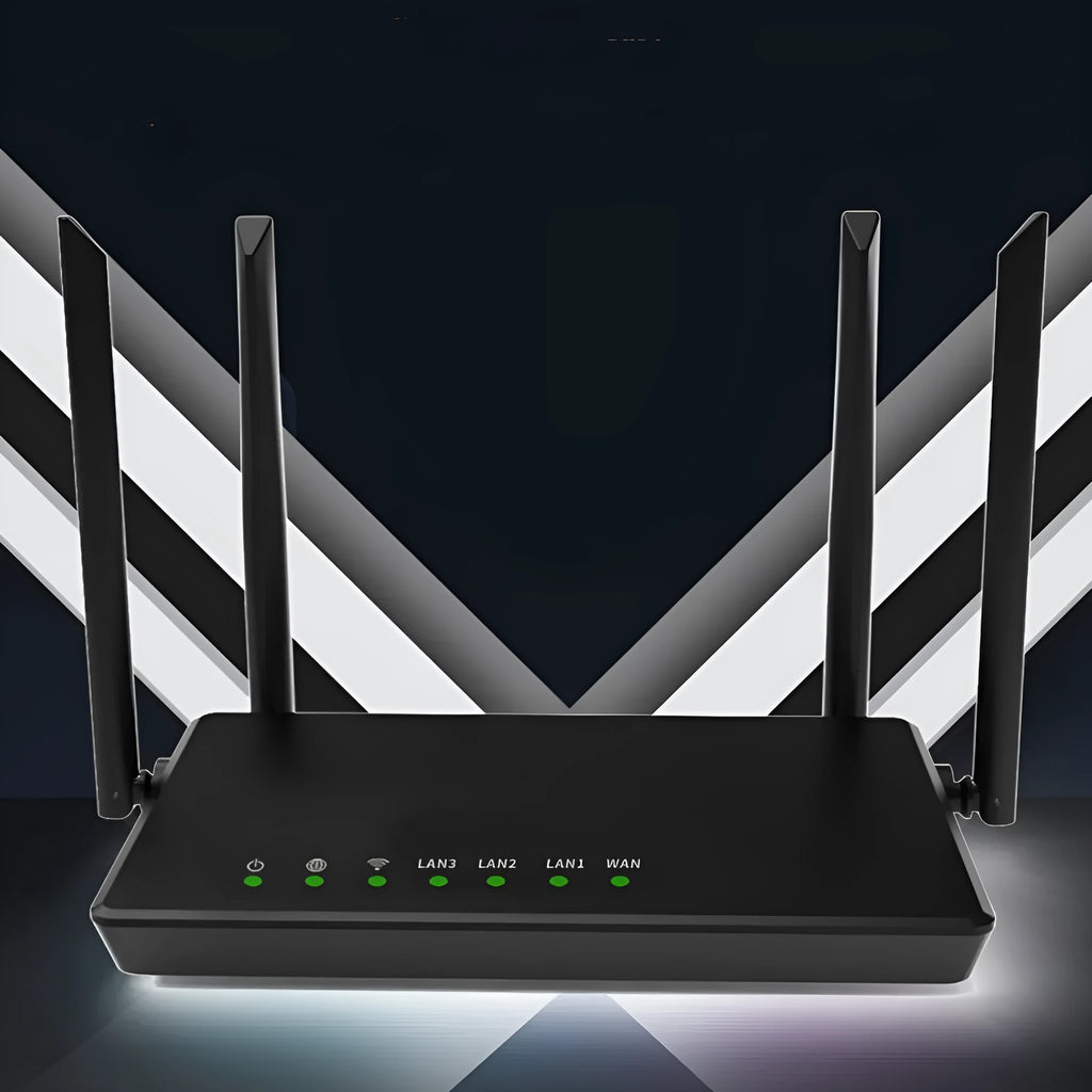 White portable wifi router with 300m range and 4 LAN ports on metal casing