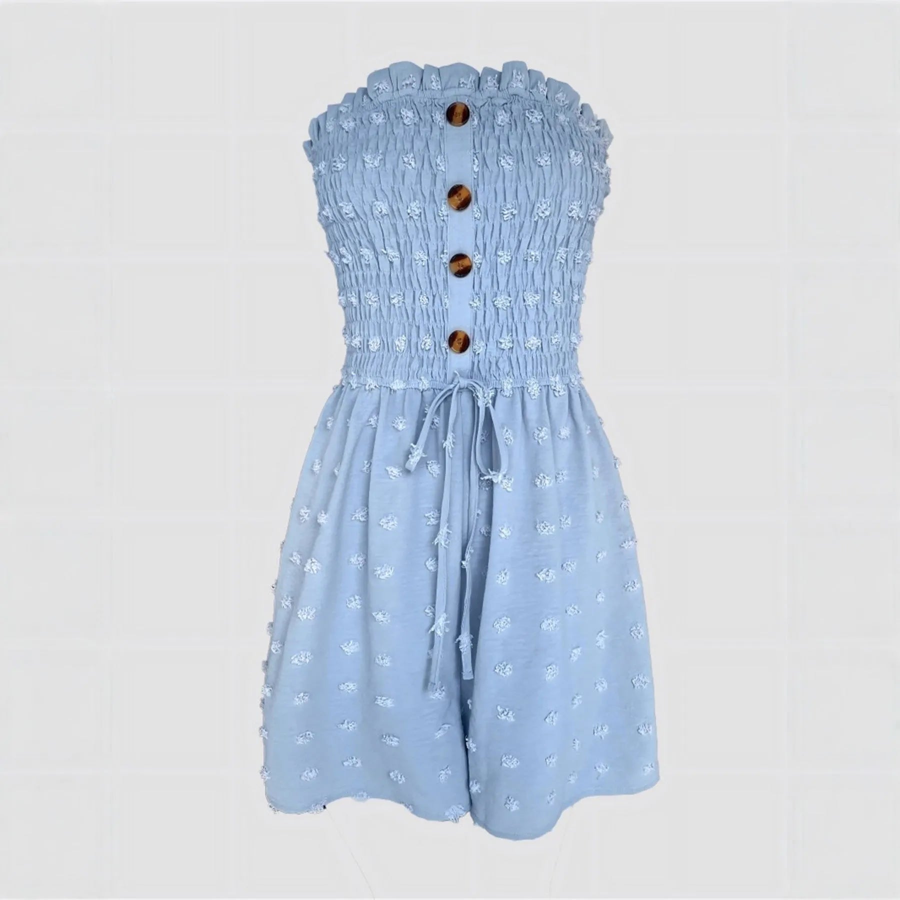 Women's solid colour off-shoulder jumpsuit in polyester fabric showing sleeveless design and mid waist fit