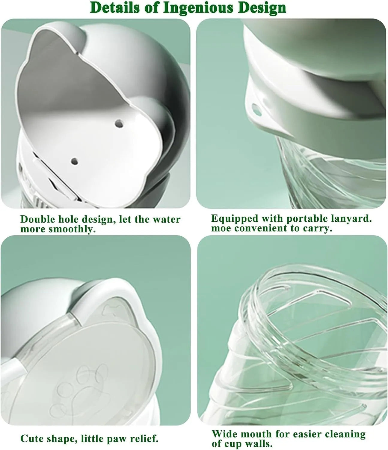 Green 3-in-1 portable pet water bottle with food container and waste bag dispenser for dogs and cats