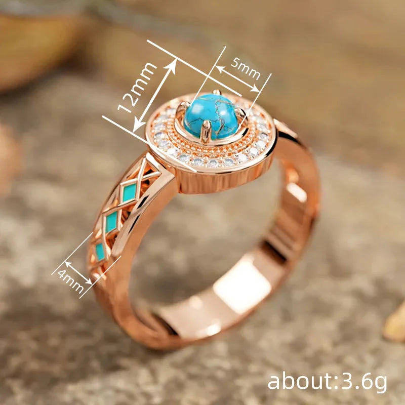 Women's turquoise geometric copper ring with zircon stone inlay in rose gold finish