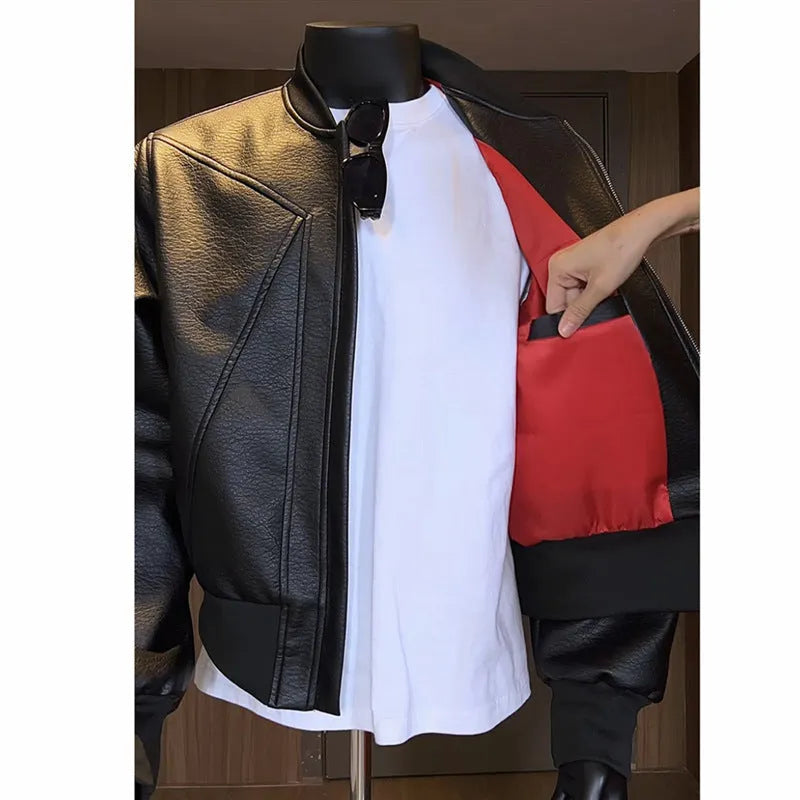 Men's black and brown PU litchi leather jacket with extended 100cm length and tight business fit