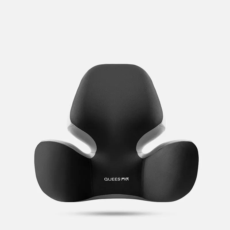 Black and grey memory foam car lumbar support pillow and matching headrest cushion on a car seat.