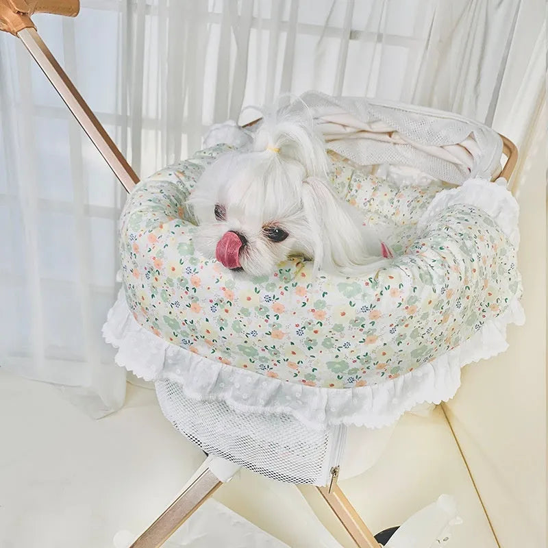 Pet stroller accessory set with cotton towel, cushion and pillow in green grey stripe pattern