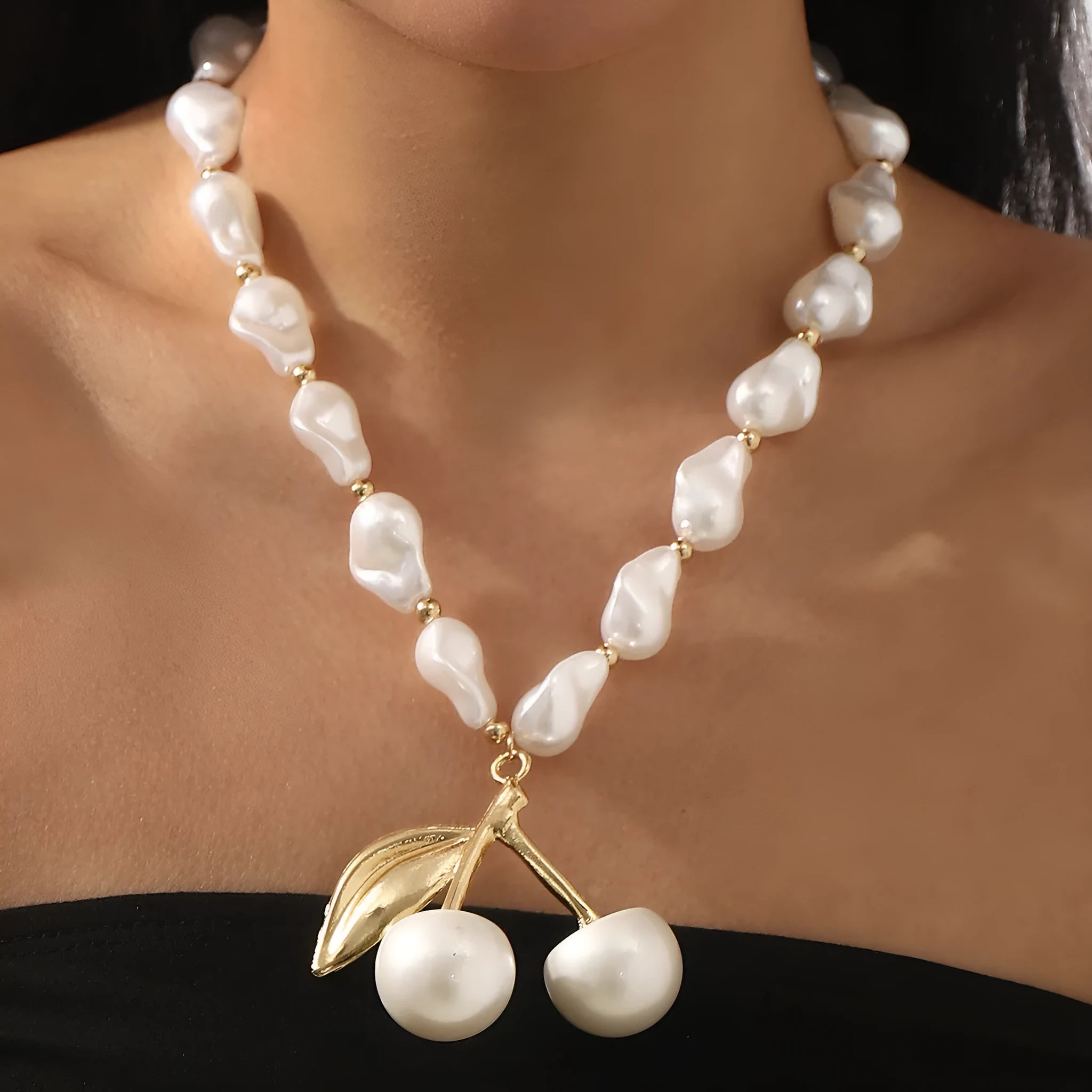 Creative pearl cherry fruit necklace for women with geometric pendant and adjustable length
