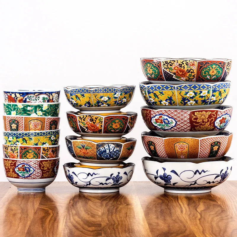 Japanese style 4-inch ceramic bowl with retro peony floral pattern and underglaze surface