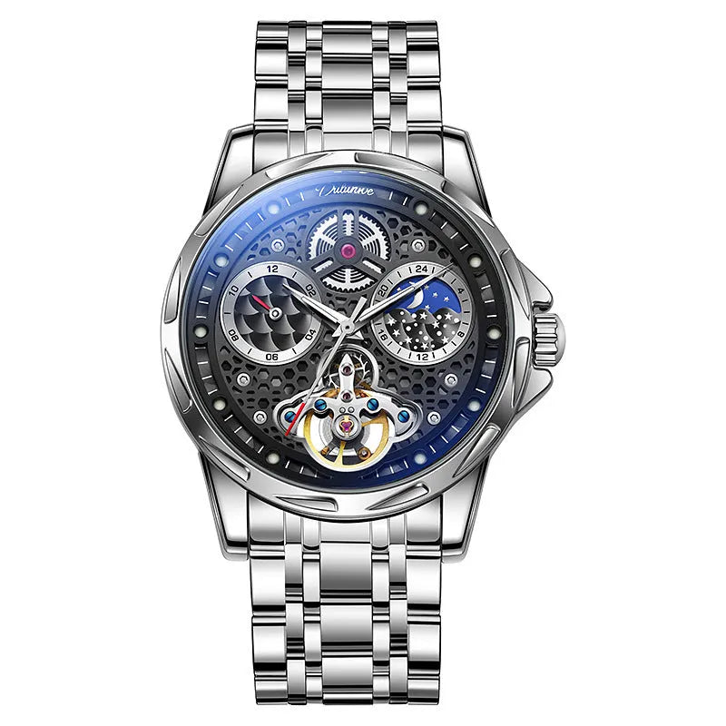 Men's black and silver automatic business watch with steel case and leather strap