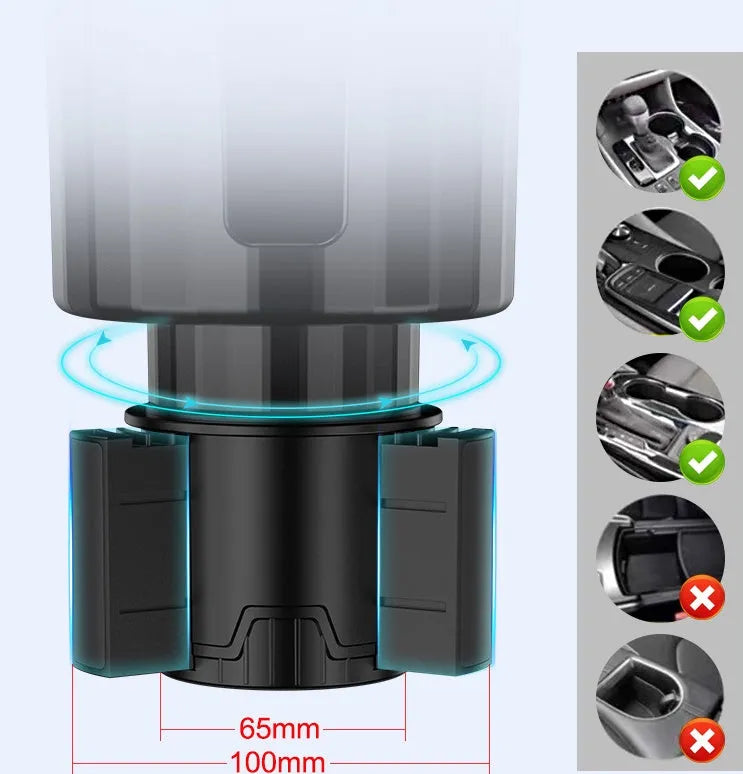 Matte black ABS car cup holder expander with adjustable base for large drink bottles.