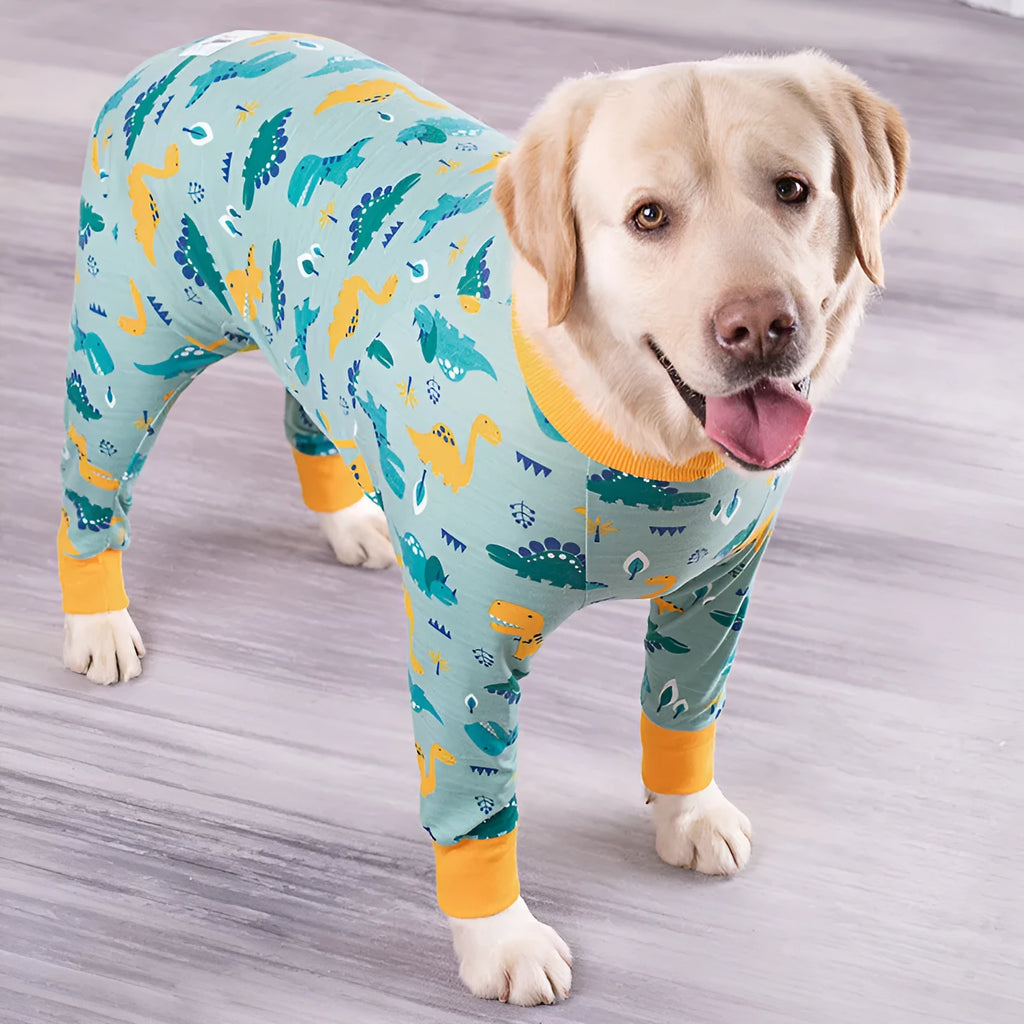 Cotton all-inclusive belly dog coat with dinosaur print on a small dog