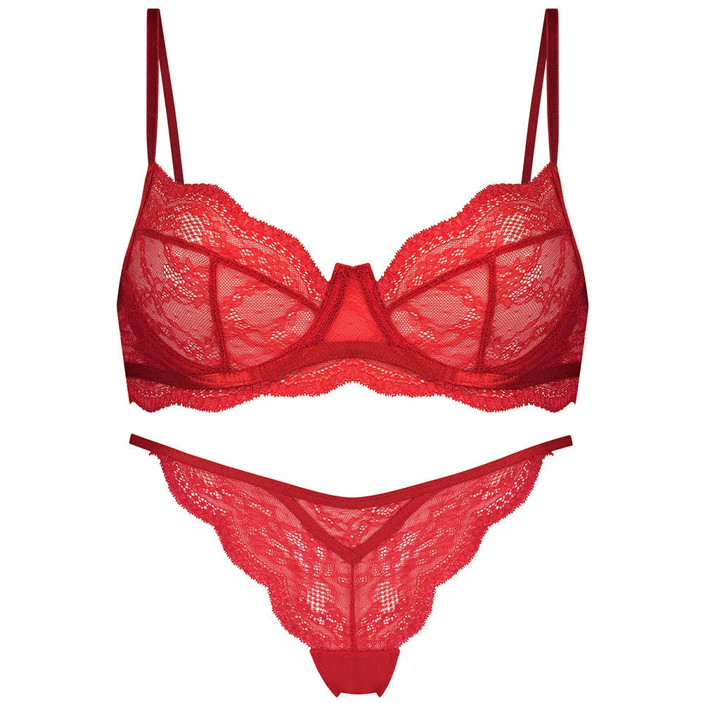 Women's French bra bikini set with double shoulder straps in nylon fabric available in black, green, and red colours