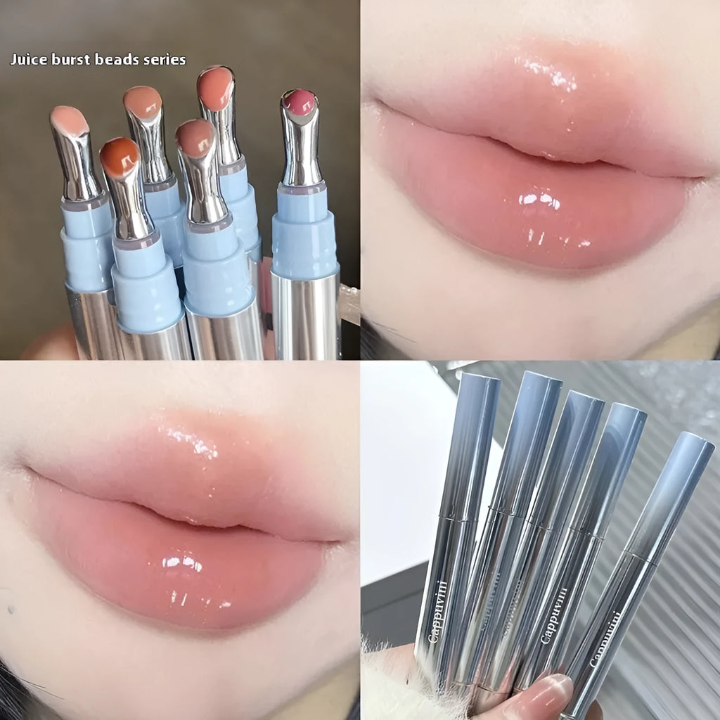 Mirror Water Light Lip Gloss lipstick in a slim case next to six colour swatches showing Almond, Silver, Pear, Raspberry, Peach Gum, and Pomegranate Ice shades.