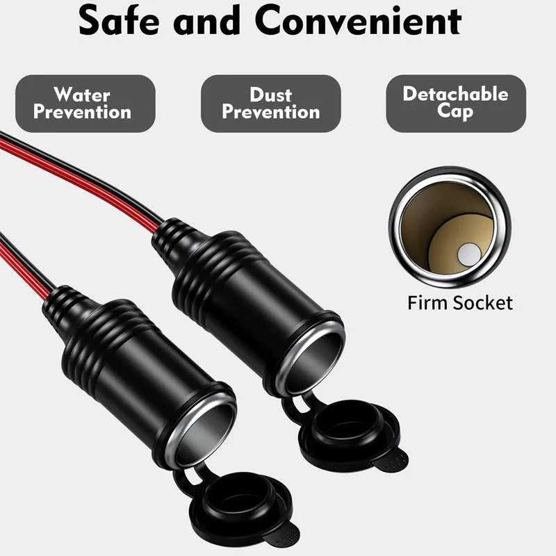 Y8 cigarette lighter extension cable 12V 24V 250W with Bakelite housing and dual USB ports on black background