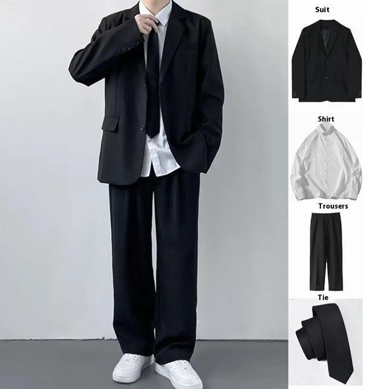 Men's plus size college style suit set with jacket, trousers, white shirt and tie in loose fit