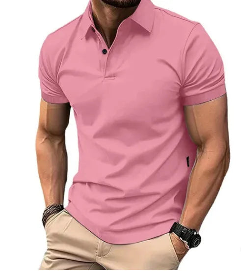 Men's slim fit cotton blend short sleeve button-up shirt on a hanger, shown in a solid colour.