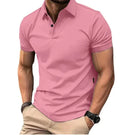 Men's slim fit cotton blend short sleeve button-up shirt on a hanger, shown in a solid colour.