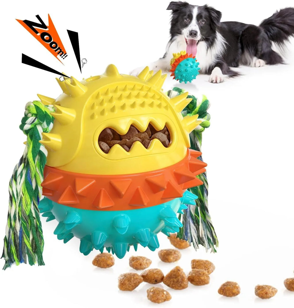 Large blue and red TPR rubber dog ball toy with a rope and treat dispenser hole.