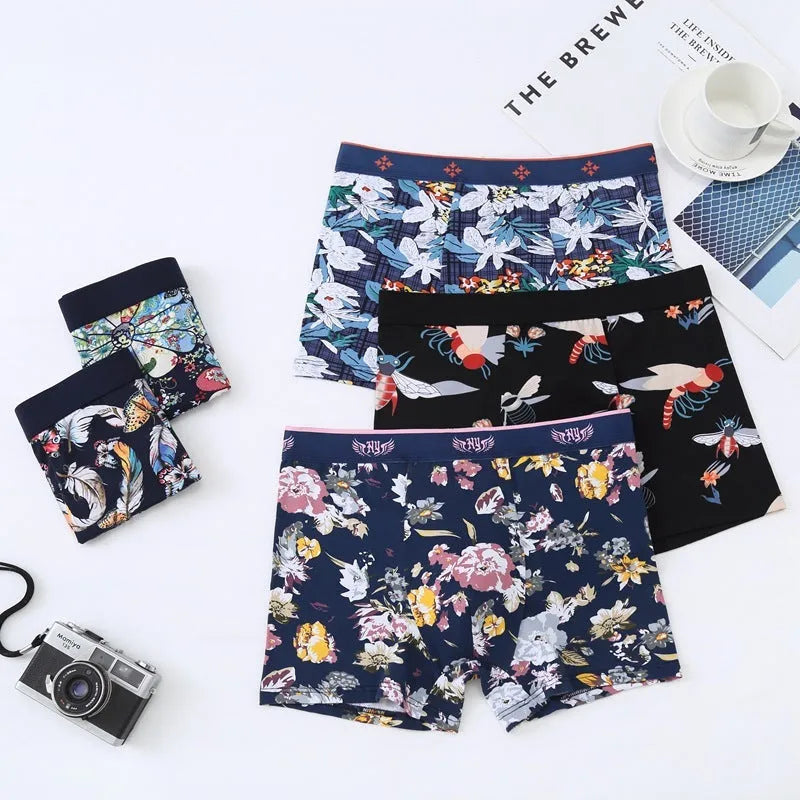 Men's purified cotton boxer shorts in a floral pattern, showing mid-waist fit and U-shaped pouch design.