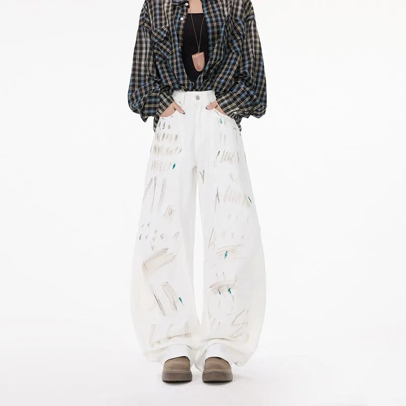 White dirty graffiti machete jeans for women straight leg mid-rise non-stretch denim cotton