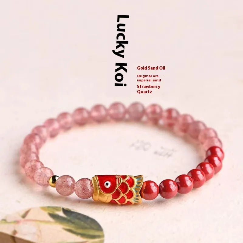 Koi purple cinnabar and strawberry quartz women's lucky beads bracelet with retro peach blossom pattern