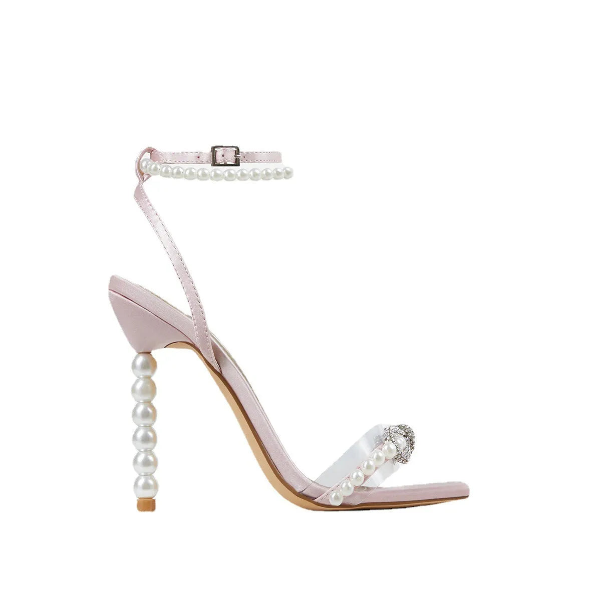 Women's square toe stiletto heel shoes with rhinestone bow and pearl strap, pink colour, artificial polyurethane upper, size 37-42