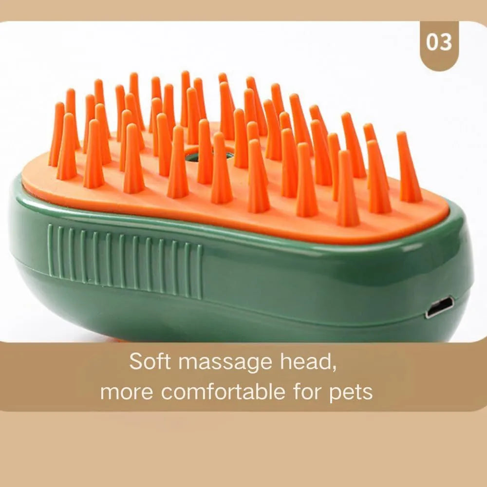 Green and white cat steam brush with water spray feature and silicone teeth for pet grooming