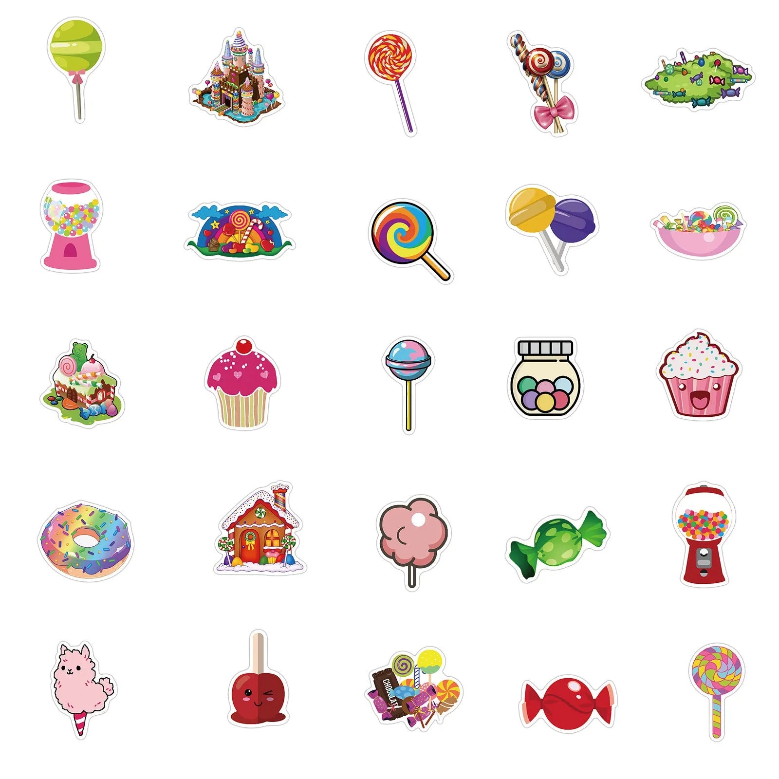 Pack of 50 colourful Candy series graffiti and cartoon vinyl stickers, each 4-6 cm long.