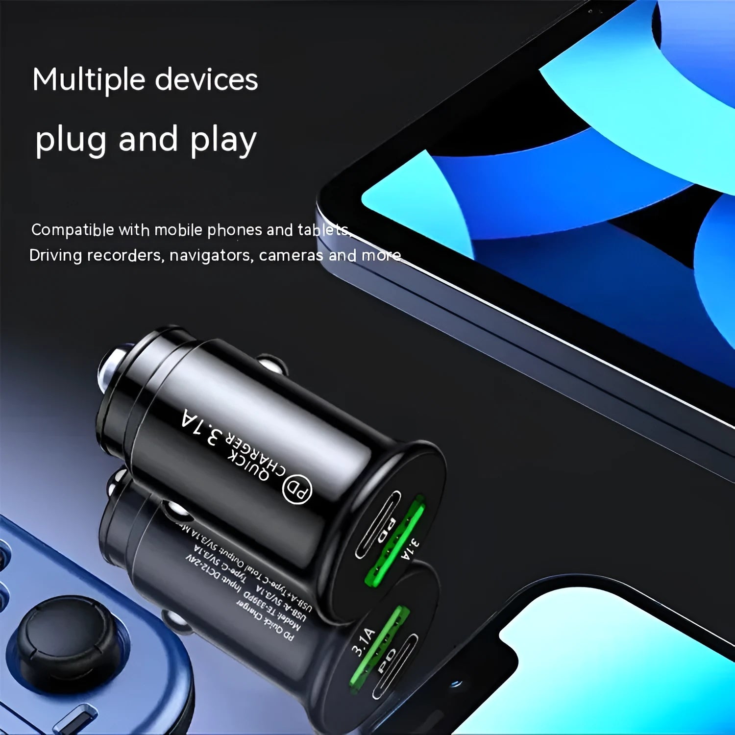 Black and white dual port car charger converter for vehicle 12V cigarette lighter socket
