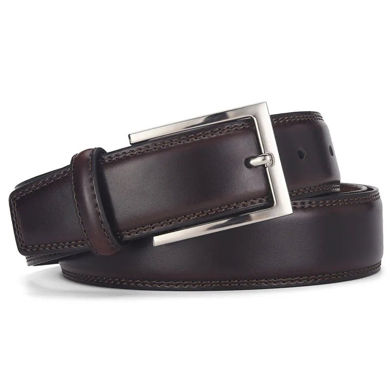 Men's leather belt with pin buckle in genuine cowhide leather showing colour variations