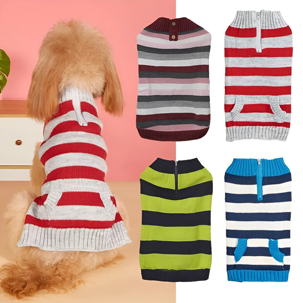 Grey dog sweater with contrast horizontal zipper and button pocket on a small dog