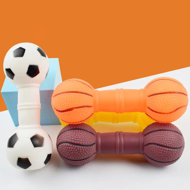 Brown, orange, white, and yellow PVC football dumbbell shaped squeaky dog chew toy