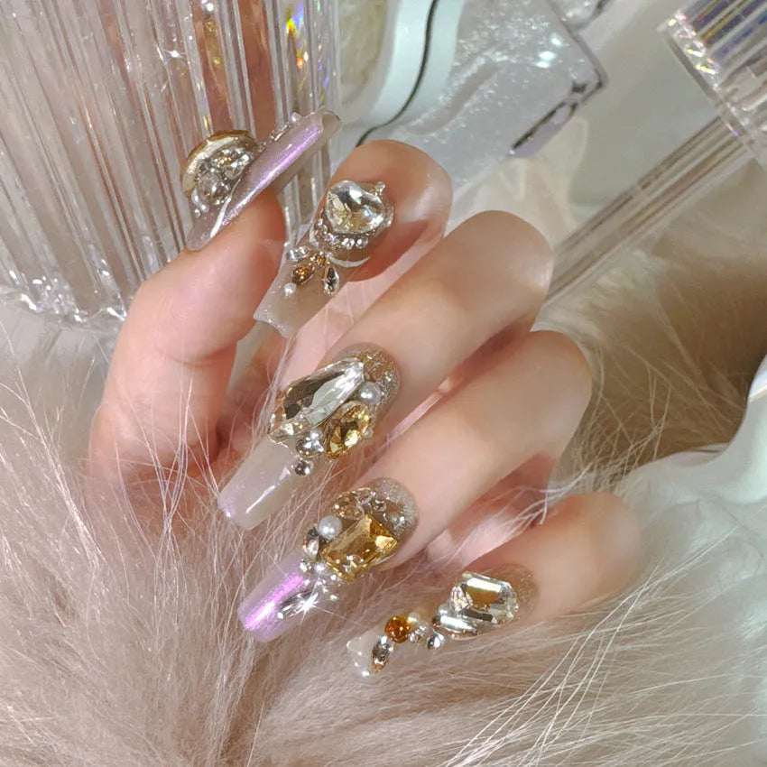 S Number false nail patches with luxury rhinestone decoration and phototherapy sealing layer