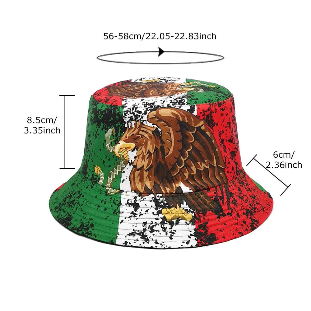 Retro style bucket hat with eagle pattern, dome crown, made from polyester fabric.