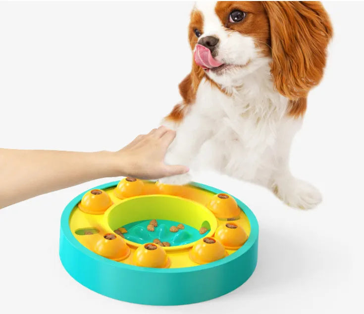 Interactive dog puzzle slow feeder toy with spinning turntable and non-slip base in lake blue colour
