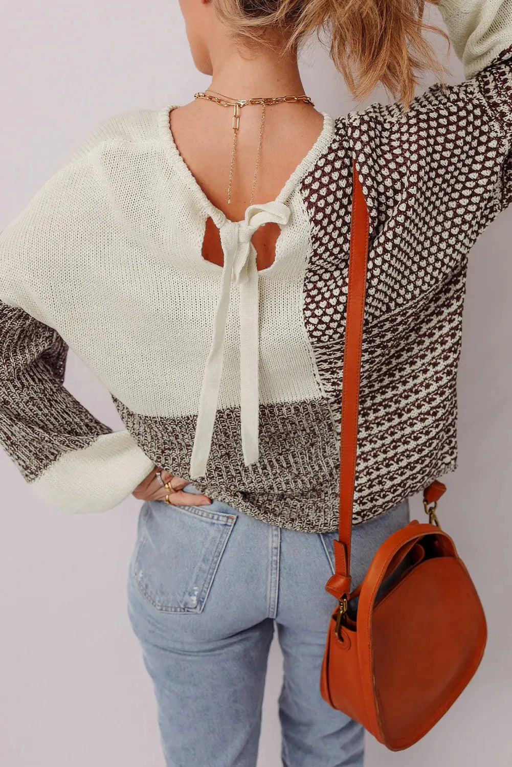 Dark khaki colour block women's sweater with drop shoulders and a back tie detail.