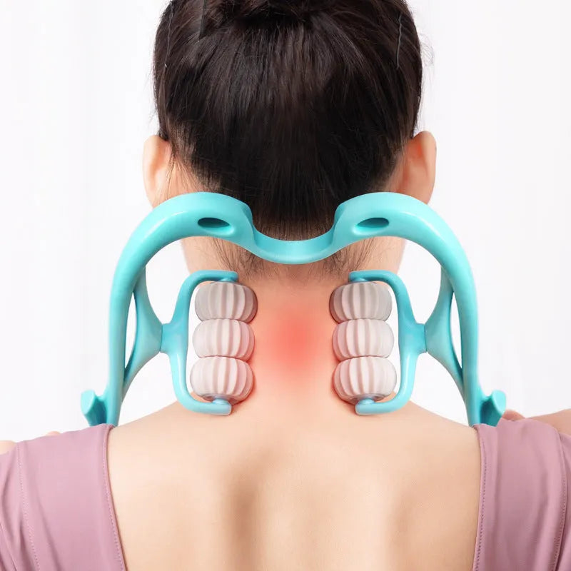 Blue plastic handheld massager with six black rollers for neck, shoulder, and back.