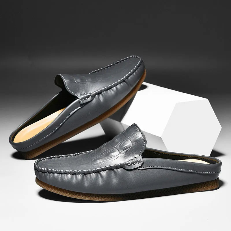 Men's black breathable semi-slippers with artificial PU upper and rubber sole.