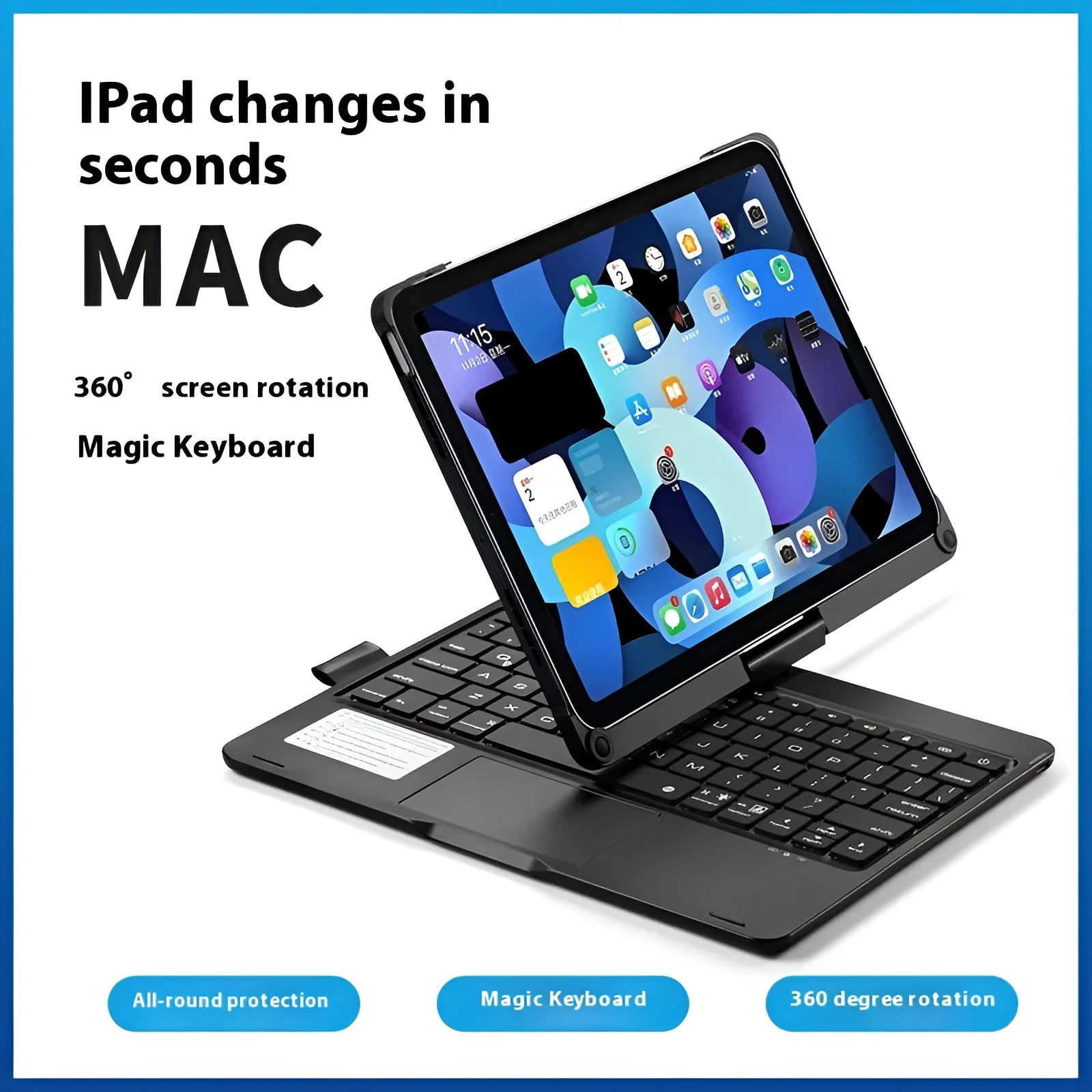 Miaocontrol 360-degree rotating Bluetooth keyboard with touchpad in silver next to an iPad.