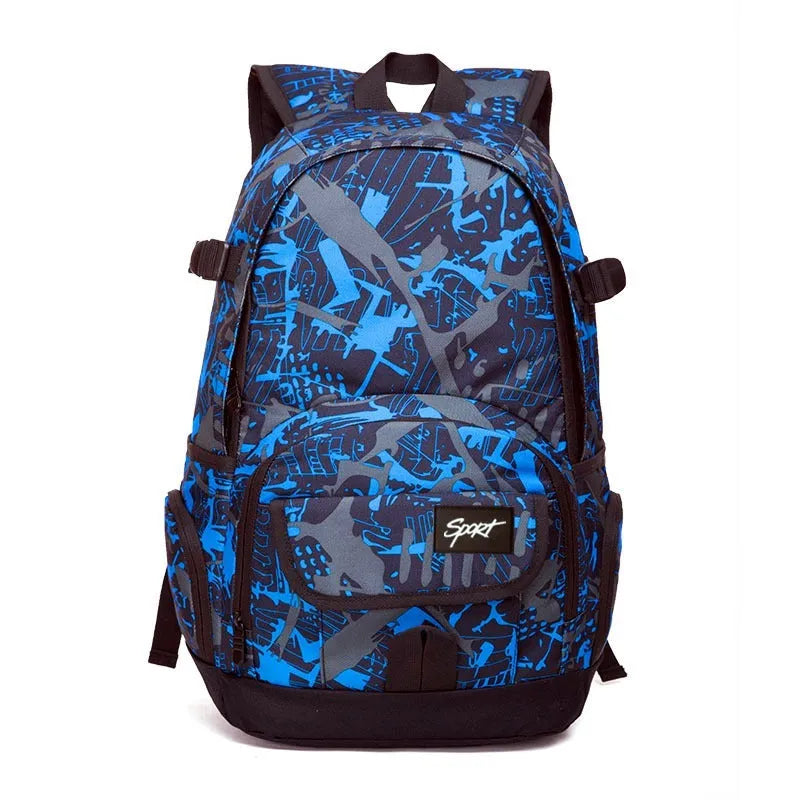 Classic blue nylon backpack with large main compartment, shown front view.