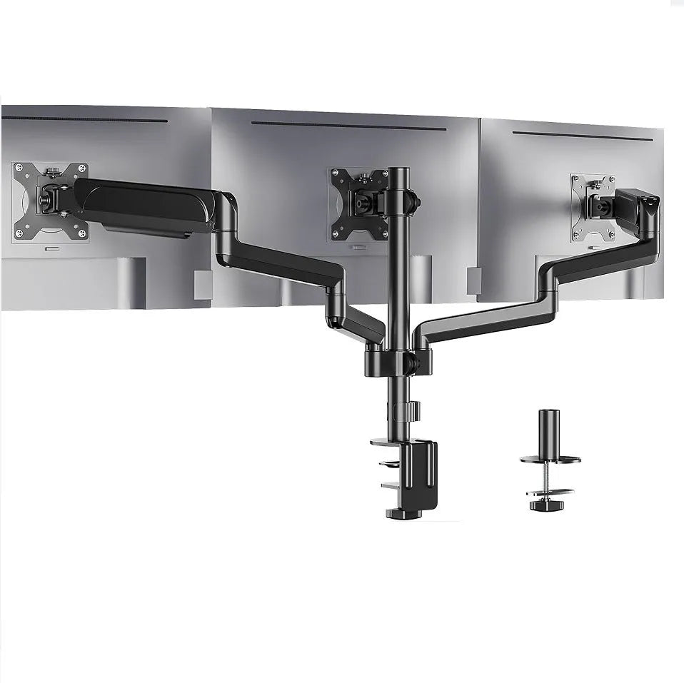 Black three-arm gas spring monitor mount holding a 27-inch screen above a desk.