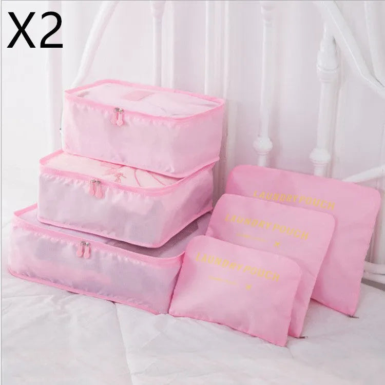 6 piece polyester travel storage bag set in hand bag type shape for clothes and cosmetic organisation, various colour options