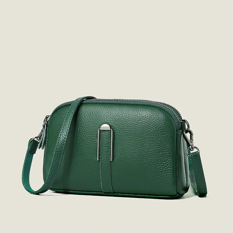 Minimalist crossbody bag in top-grain leather, horizontal square shape, spliced design, khaki colour