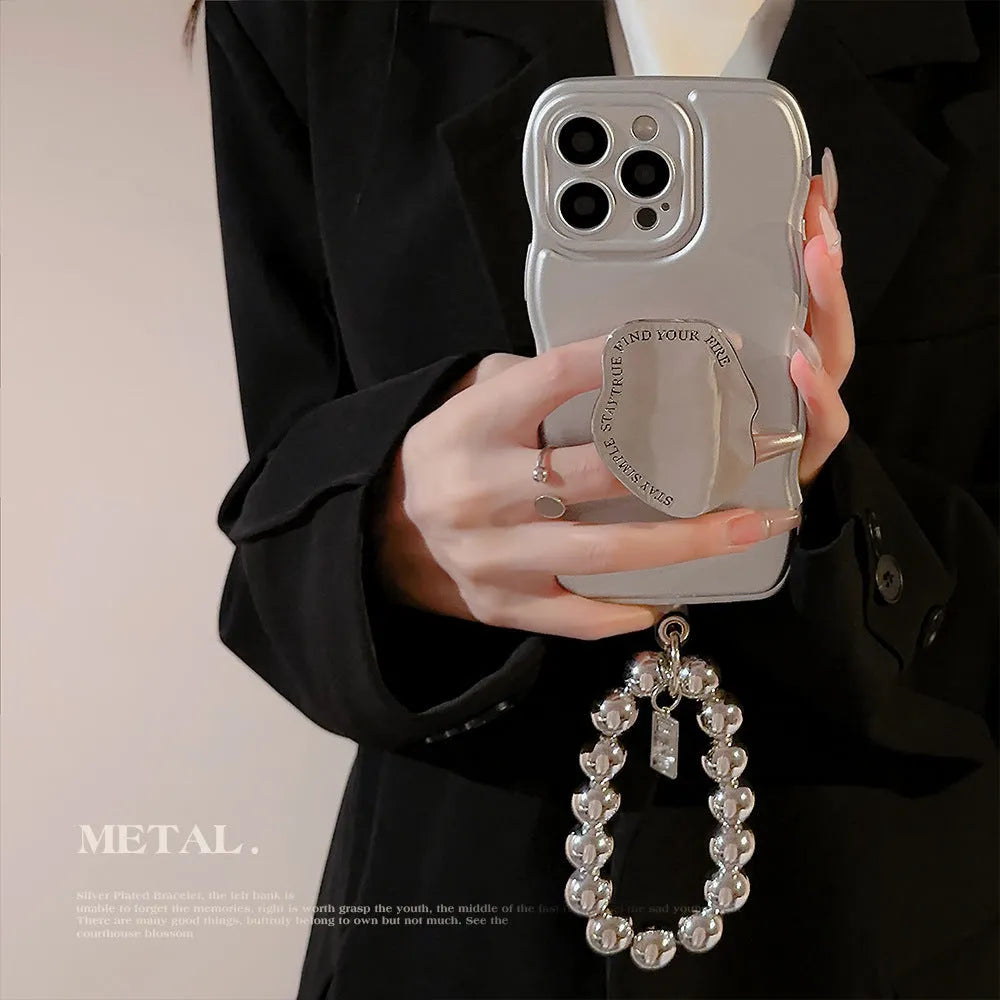 Niche metal silver electroplating bracket phone case for Apple iPhone with lanyard holder and hand bead, geometric art style