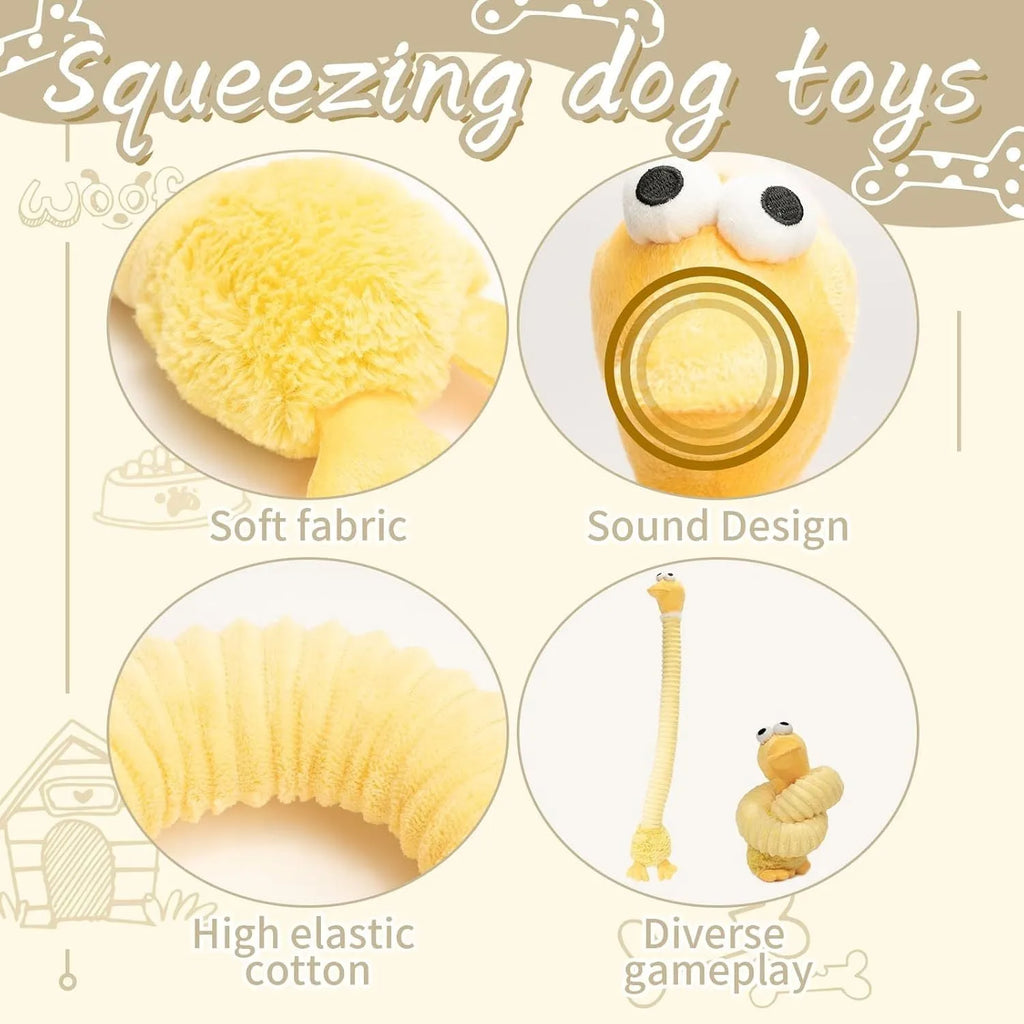 Brown, grey, and yellow plush dog toys with a foldable design and crinkle sound features.