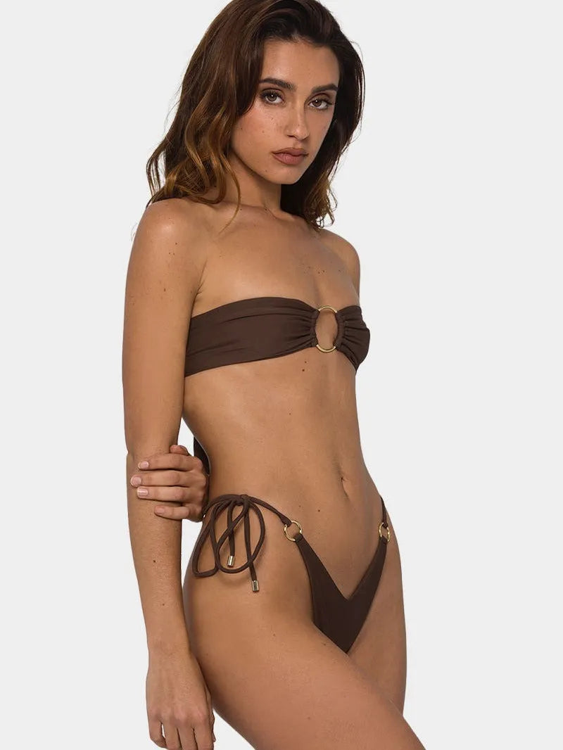 Brown nylon tube-top push up bikini split swimsuit for women with sleeveless design