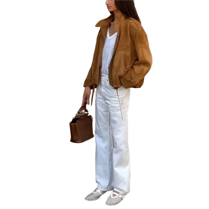 Men's loose fit solid colour retro jacket with long sleeves on a model