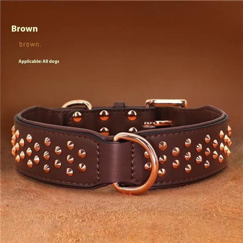Leather dog collar with anti-bite rivets in black, chocolate, or pink colour options