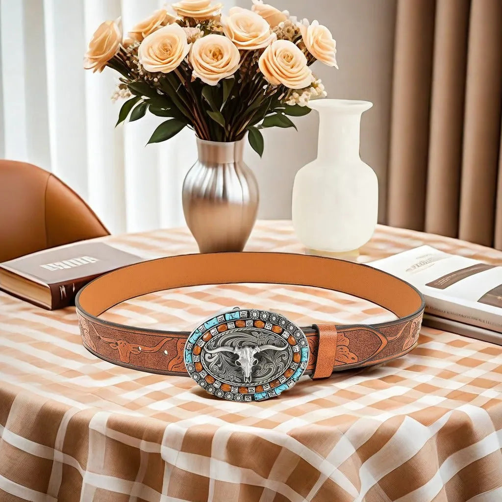Men's brown imitation leather belt with a detailed electroplated alloy cow head buckle.
