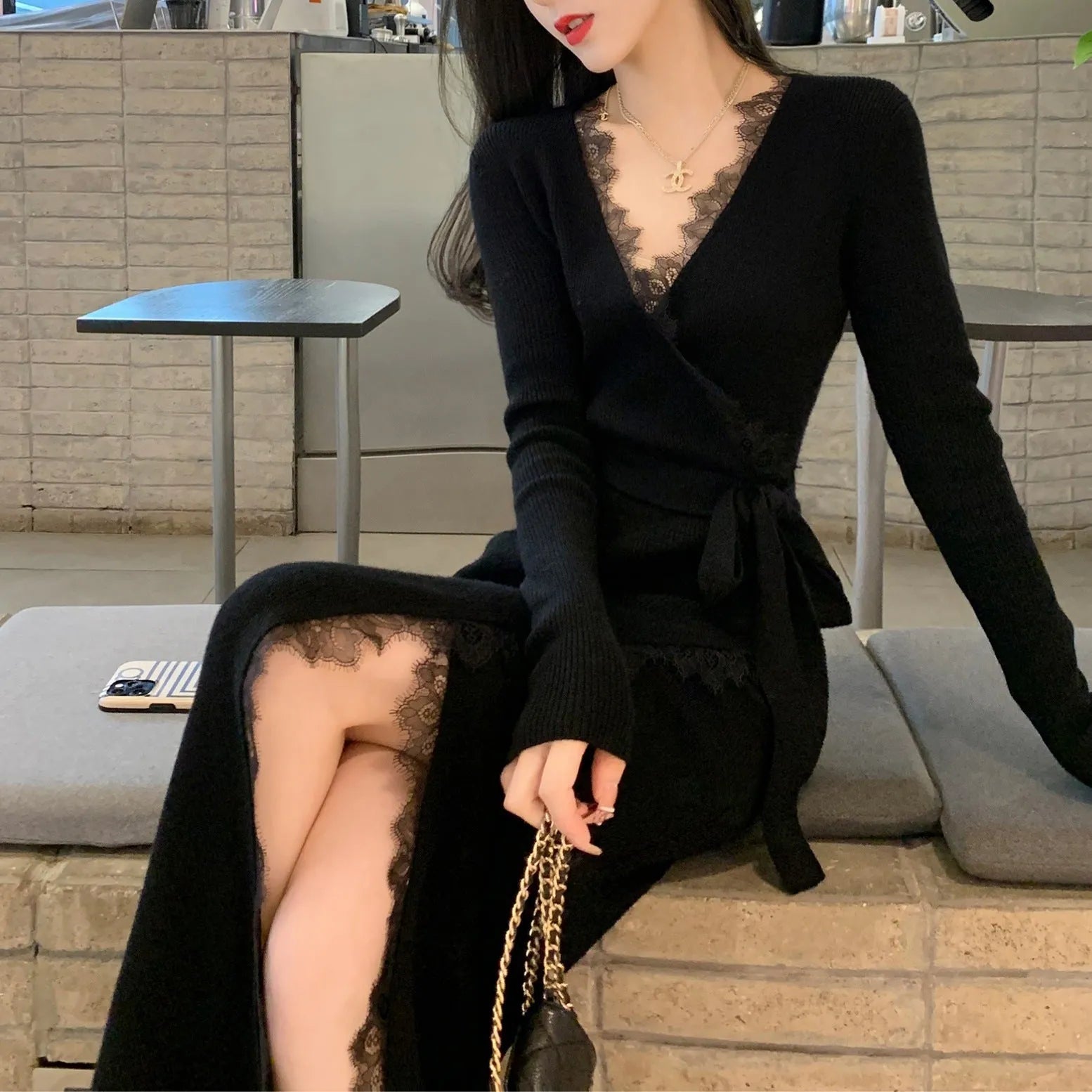 Black slim fit woolen skirt with princess dress silhouette, polyester fabric, free size women's fashion garment